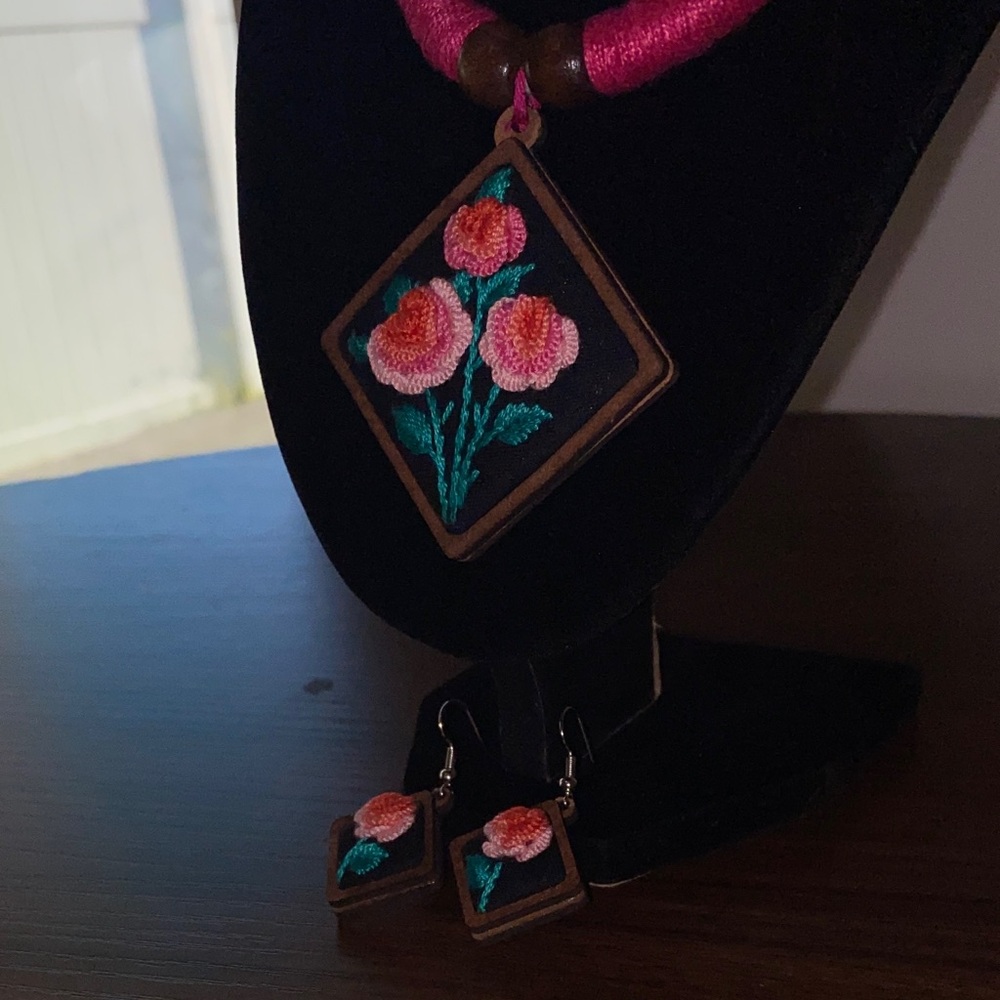 Handcrafted Floral Pendant Necklace and Earring Set - Picture 5 of 14